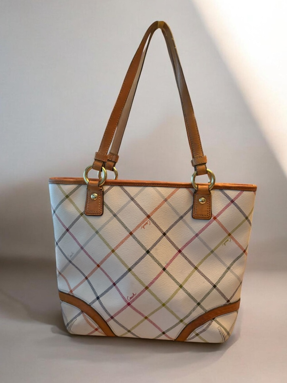 Coach Peyton Tattersall Leather Beige Plaid Pattered Logo Tote F21863 - Picture 2 of 14